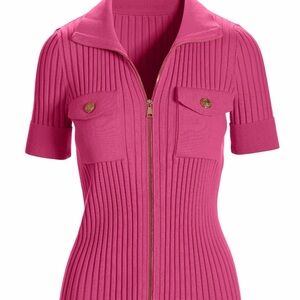 Boston Proper Fuchsia Ribbed Zip Front Short Sleeve Sweater
